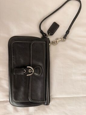 Coach Black Leather Wristlet with Silver Hardware
